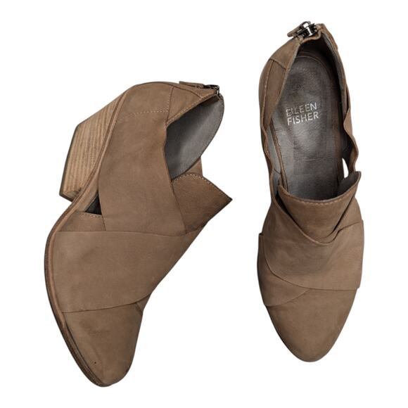 Eileen Fisher Jenkins Beige Nubuck Leather Criss Cross Block Heel Ankle Boots 8 - Picture 1 of 6